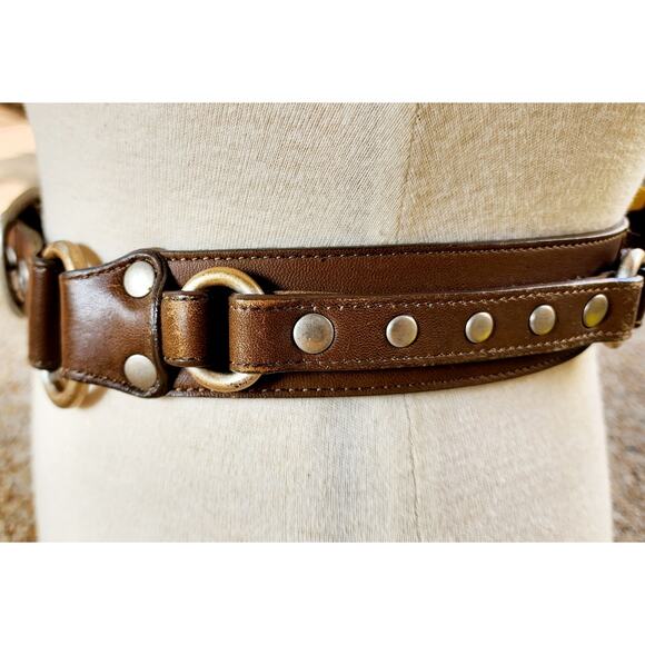 Vintage Ann Taylor Loft Brown Leather Belt XS Studded Western Distressed Rugged - Picture 4 of 8